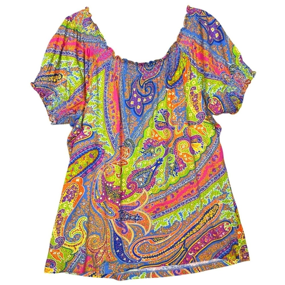 Lauren Ralph Lauren Womens Paisley Smocked Top Size L Multi Color Blouse Preppy - Picture 5 of 8